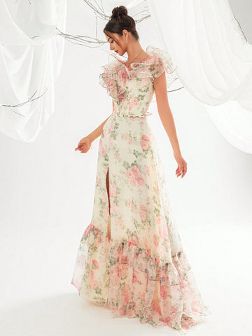 Women's Elegant Floral Print Net Yarn Dinner Dress With Frills