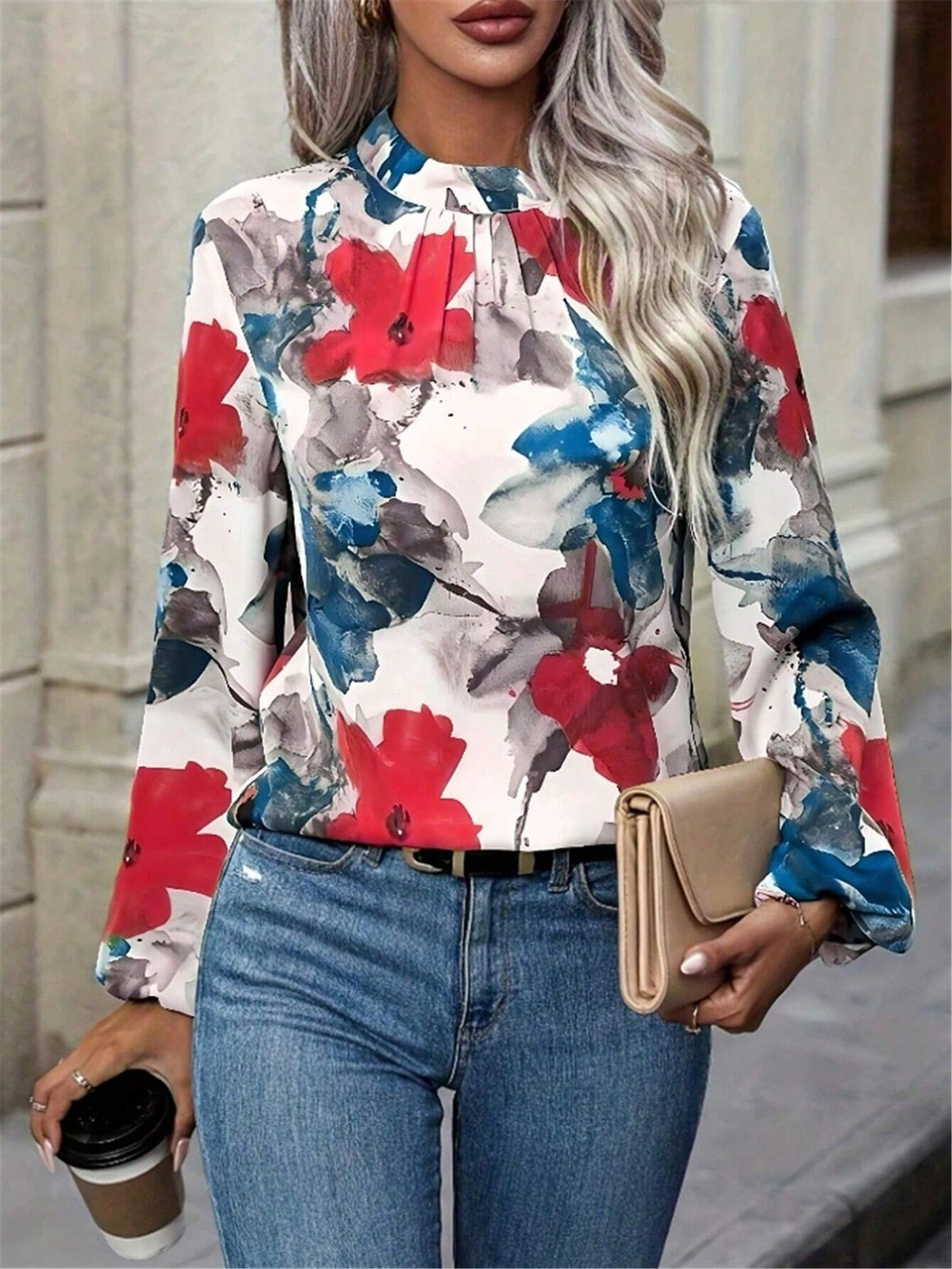 Women's Elegant Floral Print Pleated Stand Collar Long Sleeve Shirt