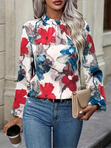 Women's Elegant Floral Print Pleated Stand Collar Long Sleeve Shirt