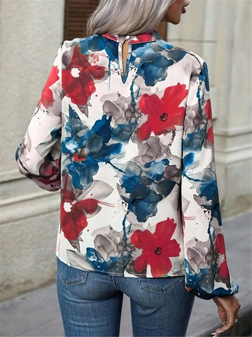 Women's Elegant Floral Print Pleated Stand Collar Long Sleeve Shirt
