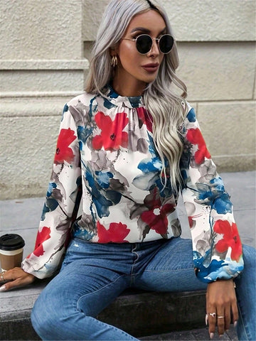 Women's Elegant Floral Print Pleated Stand Collar Long Sleeve Shirt