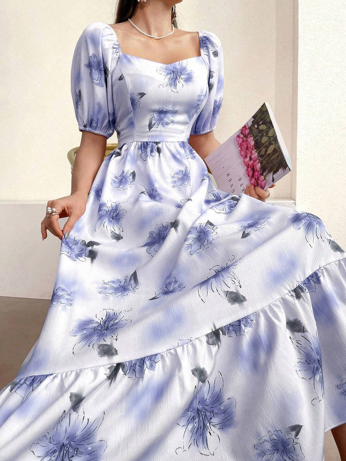 Women's Elegant Floral Puff Sleeve Waist-Cinched Dress For Summer