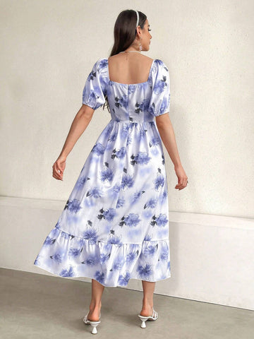 Women's Elegant Floral Puff Sleeve Waist-Cinched Dress For Summer