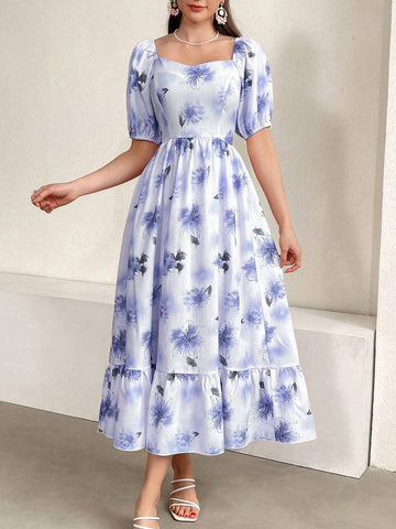 Women's Elegant Floral Puff Sleeve Waist-Cinched Dress For Summer