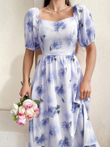 Women's Elegant Floral Puff Sleeve Waist-Cinched Dress For Summer