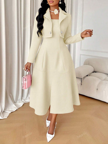 Women's Elegant French Style Fashionable Textured Short Coat & A-Line Cami Dress Set Two Piece