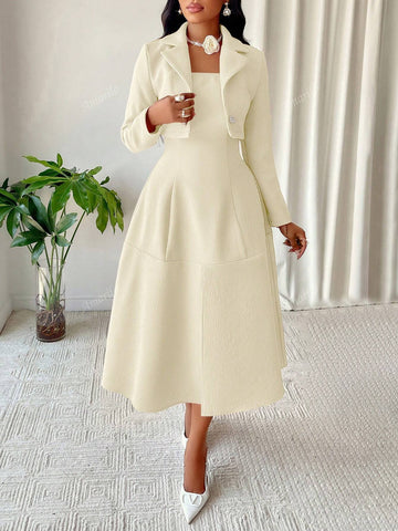 Women's Elegant French Style Fashionable Textured Short Coat & A-Line Cami Dress Set Two Piece