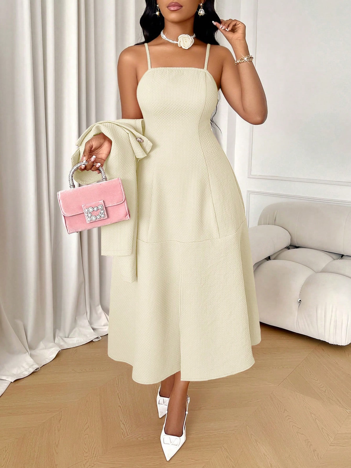 Women's Elegant French Style Fashionable Textured Short Coat & A-Line Cami Dress Set Two Piece