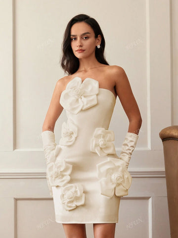 Women's Elegant French Style Romantic 3D Flower Decor Strapless Cocktail Dress