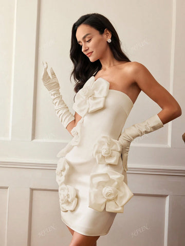 Women's Elegant French Style Romantic 3D Flower Decor Strapless Cocktail Dress