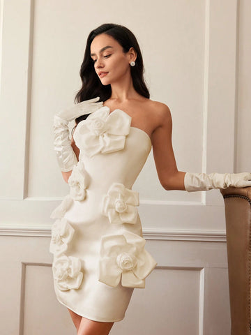 Women's Elegant French Style Romantic 3D Flower Decor Strapless Cocktail Dress