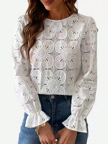 Women's Elegant Hollow Floral Crew Neck Long Sleeve Shirt