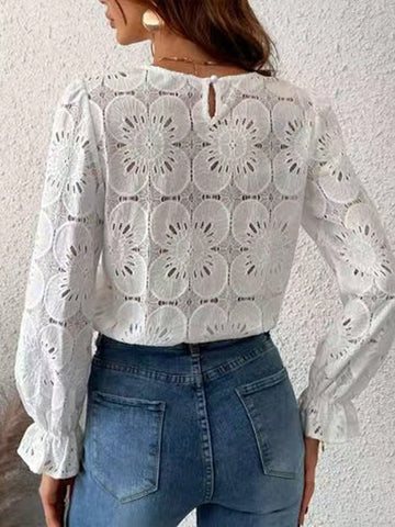 Women's Elegant Hollow Floral Crew Neck Long Sleeve Shirt