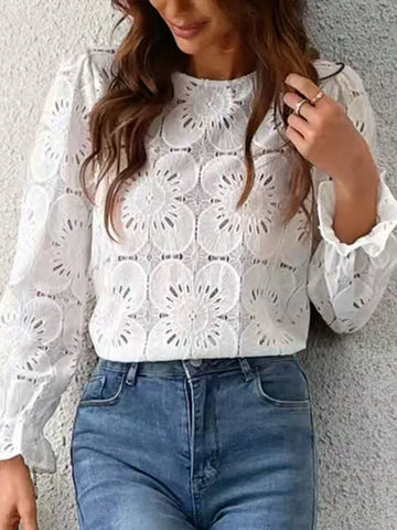 Women's Elegant Hollow Floral Crew Neck Long Sleeve Shirt