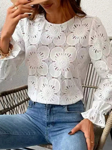 Women's Elegant Hollow Floral Crew Neck Long Sleeve Shirt