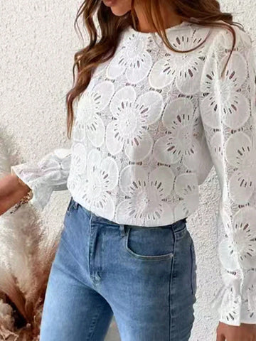 Women's Elegant Hollow Floral Crew Neck Long Sleeve Shirt