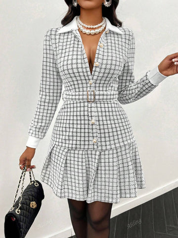Women's Elegant Houndstooth Texture Lapel Long Sleeve Dress With Pleated Hem And Waist Tie