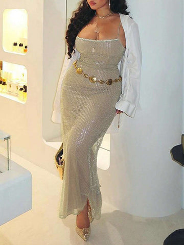 Women's Elegant Knitted Spaghetti Strap Dress, Sexy Fitted Thigh High Slit Sparkling Sequin Spaghetti Strap Backless Party Evening Gown