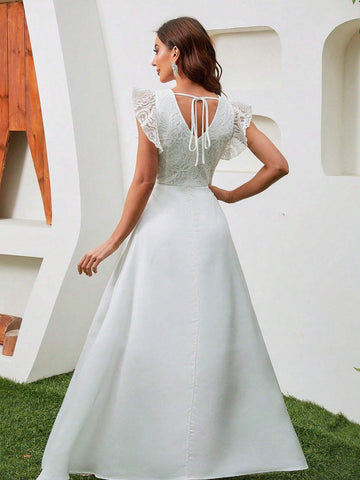 Women's Elegant Lace Splicing Solid Color Asymmetric Hem Bridal Wedding Dress With Ruffle