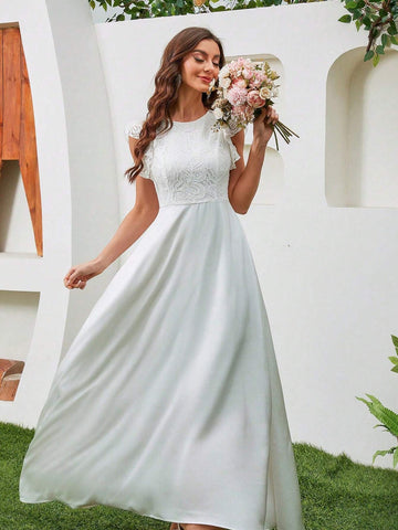 Women's Elegant Lace Splicing Solid Color Asymmetric Hem Bridal Wedding Dress With Ruffle
