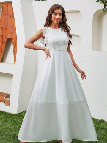 Women's Elegant Lace Splicing Solid Color Asymmetric Hem Bridal Wedding Dress With Ruffle