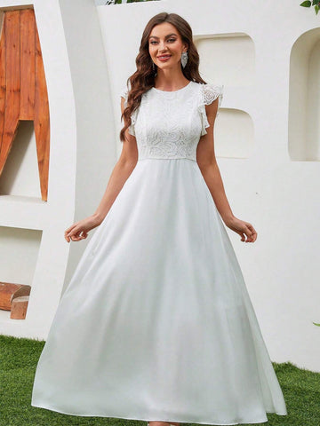 Women's Elegant Lace Splicing Solid Color Asymmetric Hem Bridal Wedding Dress With Ruffle