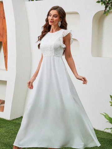 Women's Elegant Lace Splicing Solid Color Asymmetric Hem Bridal Wedding Dress With Ruffle