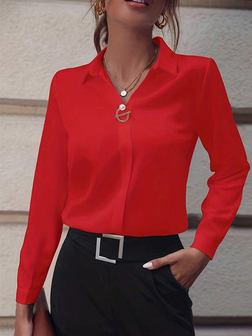 Women's Elegant Lapel Accessory Decor Long Sleeve Fashion Shirt
