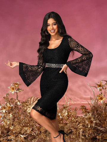 Women's Elegant Long Sleeve Lace Bodycon Dress For Evening Banquet
