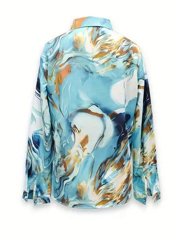 Women's Elegant Long Sleeve Marble Printed Shirt, Spring/Summer