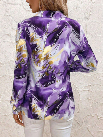 Women's Elegant Marble Print Long Sleeve Blouse, Autumn