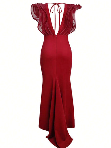 Women's Elegant Net Splice Ruffles Hem Party Dress, Evening Gown For Wedding, Banquet