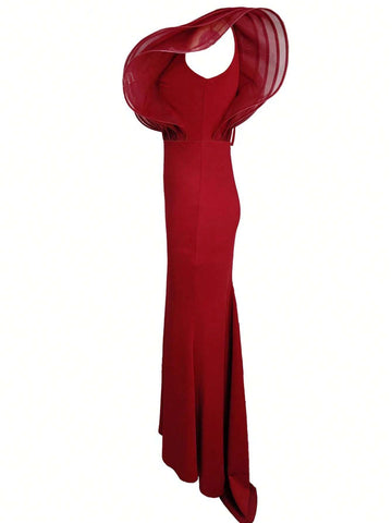 Women's Elegant Net Splice Ruffles Hem Party Dress, Evening Gown For Wedding, Banquet