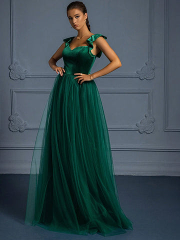 Women's Elegant Off-Shoulder Ruffled Mesh Patchwork Evening Gown