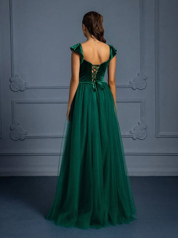 Women's Elegant Off-Shoulder Ruffled Mesh Patchwork Evening Gown