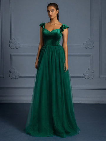 Women's Elegant Off-Shoulder Ruffled Mesh Patchwork Evening Gown