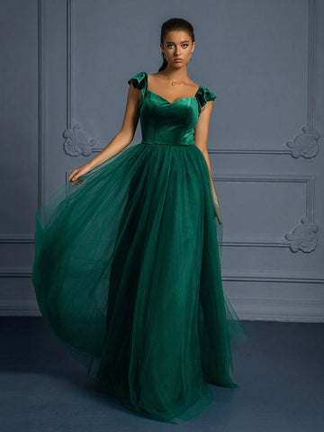 Women's Elegant Off-Shoulder Ruffled Mesh Patchwork Evening Gown