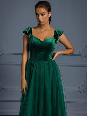 Women's Elegant Off-Shoulder Ruffled Mesh Patchwork Evening Gown