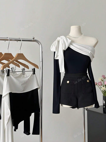 Women's Elegant Off Shoulder Black And White Contrast Tie Bow Bodycon Cold Shoulder T-Shirt, Autumn/Winter