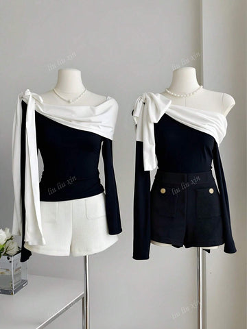 Women's Elegant Off Shoulder Black And White Contrast Tie Bow Bodycon Cold Shoulder T-Shirt, Autumn/Winter