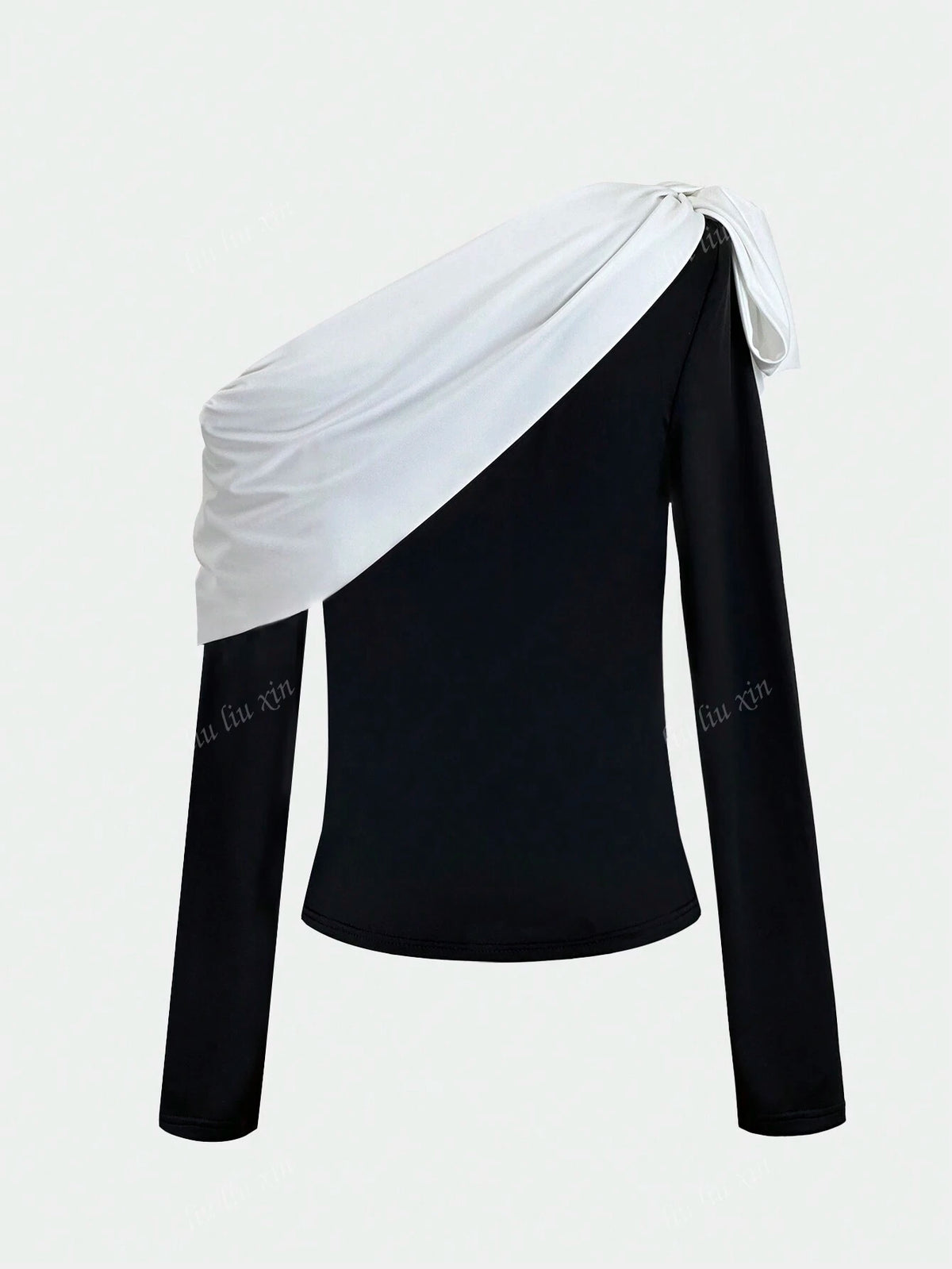 Women's Elegant Off Shoulder Black And White Contrast Tie Bow Bodycon Cold Shoulder T-Shirt, Autumn/Winter