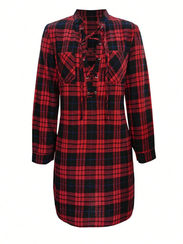 Women's Elegant Plaid Tie-Waist Split Hem Dress, Spring/Summer