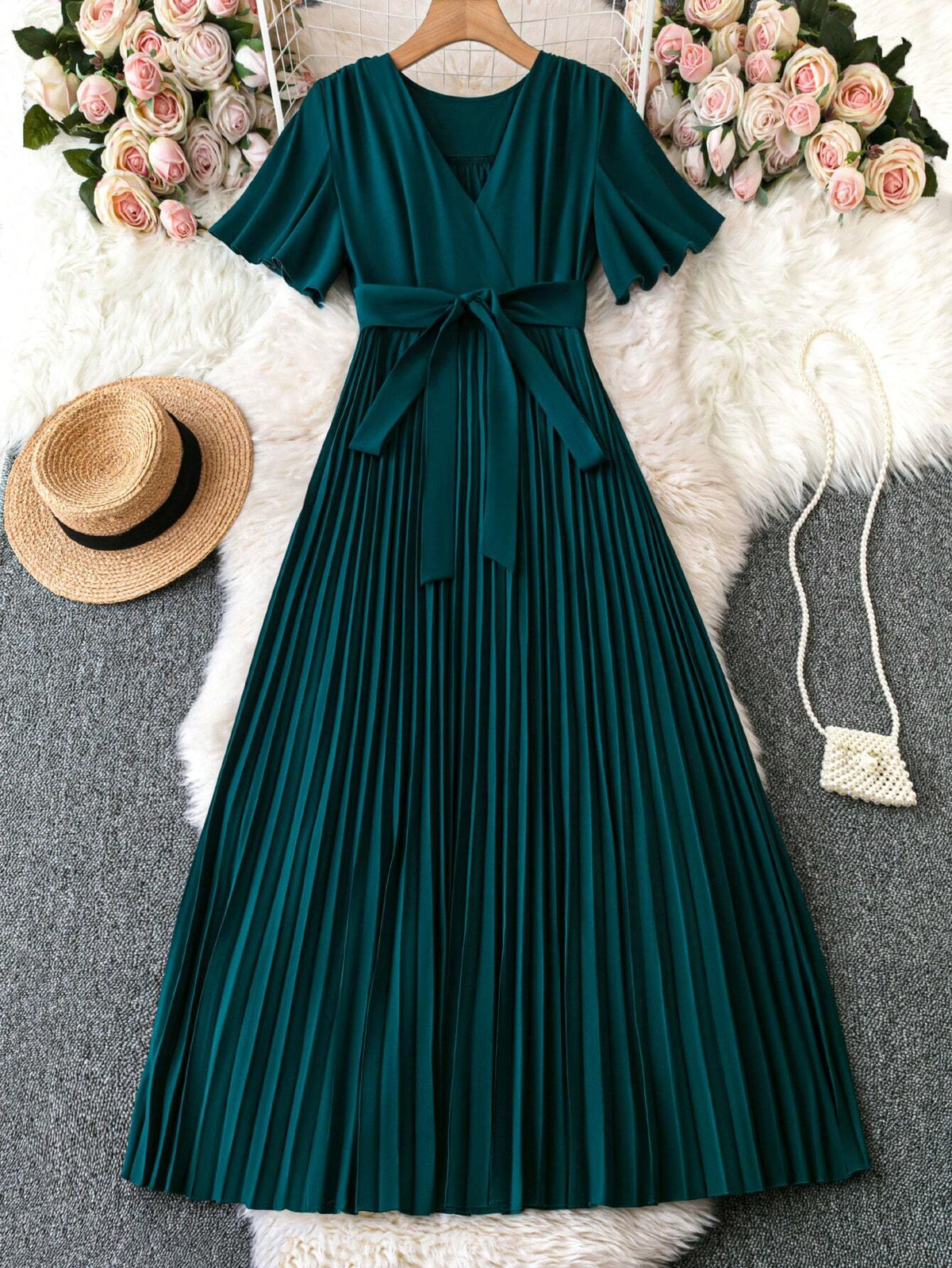 Women's Elegant Pleated V-Neckline Dress With Cinched Waist And Flowy Hem