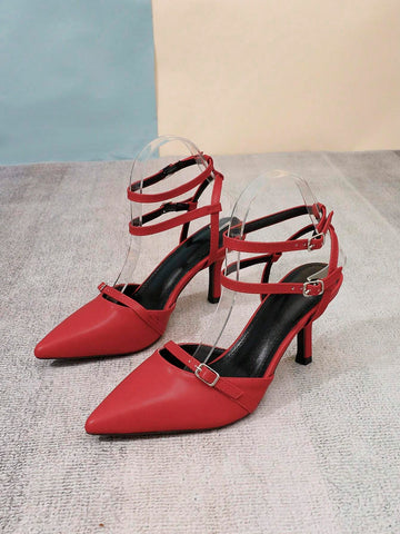 Women's Elegant Pointed Toe Stiletto High Heel Red Shoes, Fashion Buckle Strap Hollow-Out