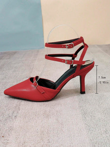 Women's Elegant Pointed Toe Stiletto High Heel Red Shoes, Fashion Buckle Strap Hollow-Out
