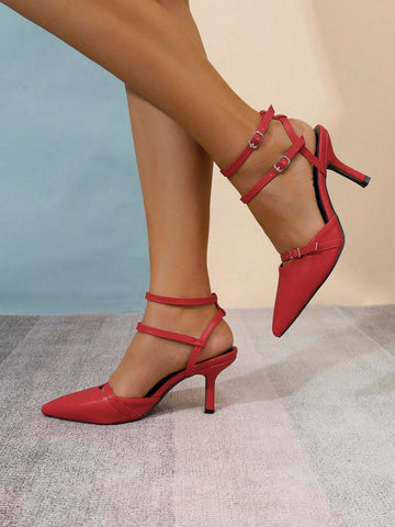 Women's Elegant Pointed Toe Stiletto High Heel Red Shoes, Fashion Buckle Strap Hollow-Out
