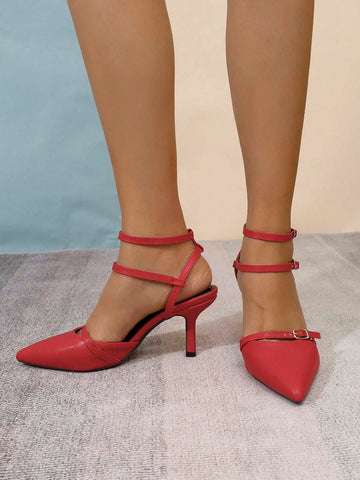 Women's Elegant Pointed Toe Stiletto High Heel Red Shoes, Fashion Buckle Strap Hollow-Out