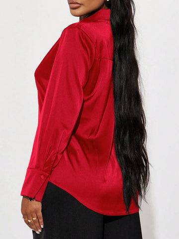 Women's Elegant Red Satin Button-Up Collar Long Sleeve Blouse