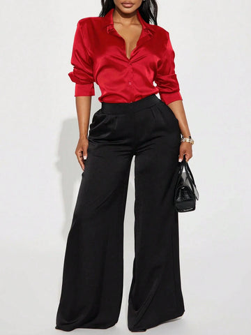 Women's Elegant Red Satin Button-Up Collar Long Sleeve Blouse