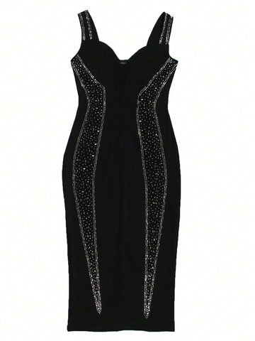 Women's Elegant Rhinestone Patchwork Hollow Out Mesh Slim Fit Evening Dress